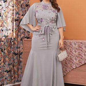 Flutter sleeve mesh embroidered floral maxi dress